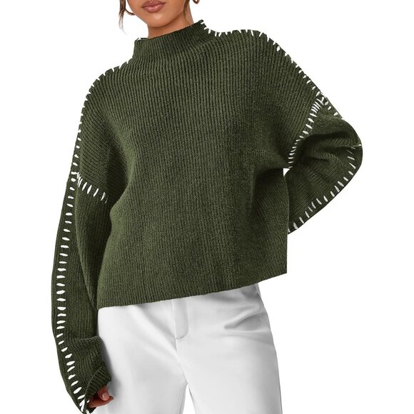 Women's Chunky Knit  Casual Long Sleeve Mock Neck Loose Pullover Sweater Tops - Picture 1 of 7